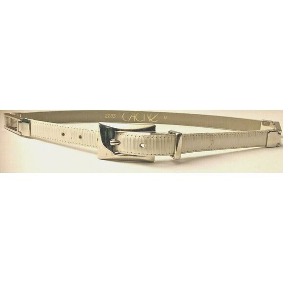 Cache Belt Size Medium White Leather Silver Buckle Hinged Rectangle 2283 - Picture 1 of 11